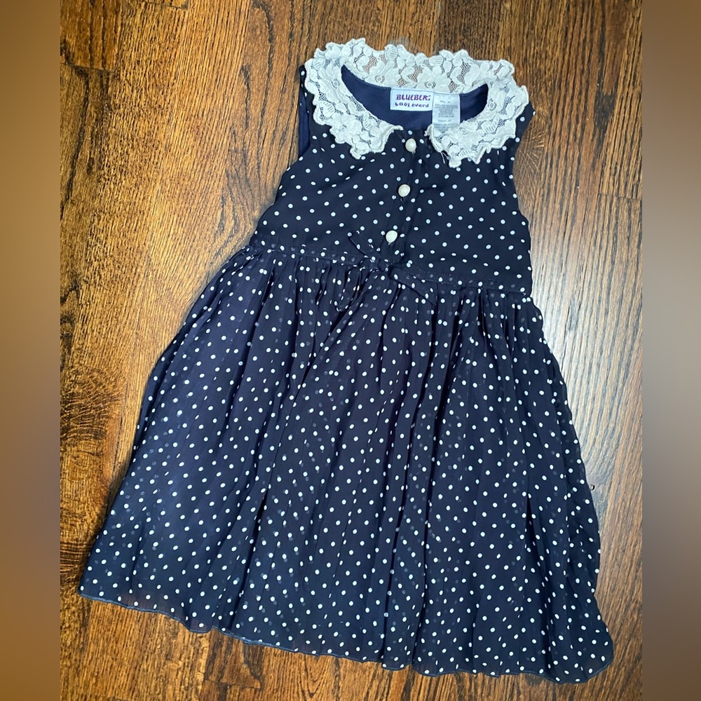 Blueberi Boulevard Navy Polka Dot Dress with Lace Collar